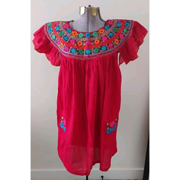 Unbranded Dresses & Skirts - Red Embroidered Dress Women's Boho Peasant Oaxaca Huipil Floral Mini Sz S